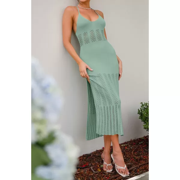 imageZESICA Womens Summer V Neck Sleeveless Dress Crochet Spaghetti Strap Beach Cover up Split Bodycon Midi DressesLightgreen