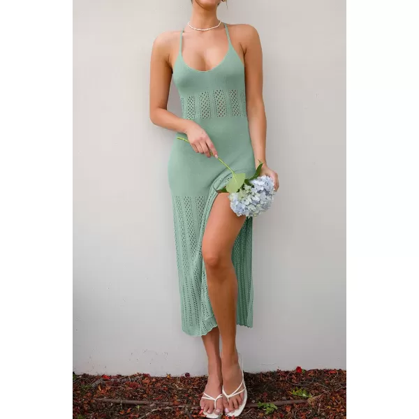 imageZESICA Womens Summer V Neck Sleeveless Dress Crochet Spaghetti Strap Beach Cover up Split Bodycon Midi DressesLightgreen