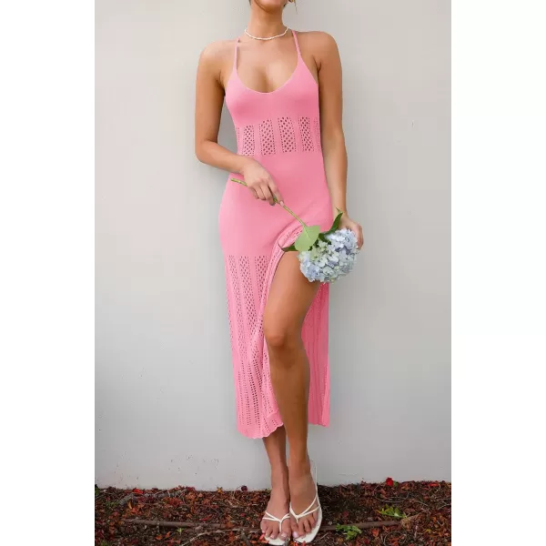 imageZESICA Womens Summer V Neck Sleeveless Dress Crochet Spaghetti Strap Beach Cover up Split Bodycon Midi DressesPink