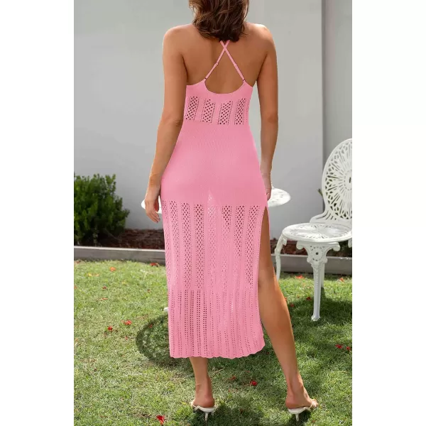 imageZESICA Womens Summer V Neck Sleeveless Dress Crochet Spaghetti Strap Beach Cover up Split Bodycon Midi DressesPink