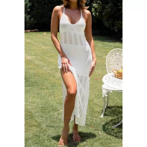 imageZESICA Womens Summer V Neck Sleeveless Dress Crochet Spaghetti Strap Beach Cover up Split Bodycon Midi DressesWhite