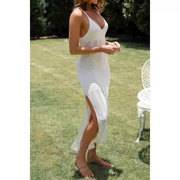 imageZESICA Womens Summer V Neck Sleeveless Dress Crochet Spaghetti Strap Beach Cover up Split Bodycon Midi DressesWhite