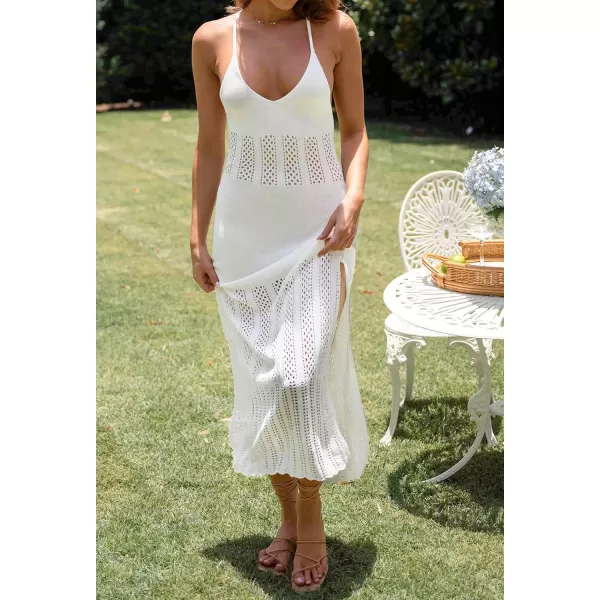imageZESICA Womens Summer V Neck Sleeveless Dress Crochet Spaghetti Strap Beach Cover up Split Bodycon Midi DressesWhite