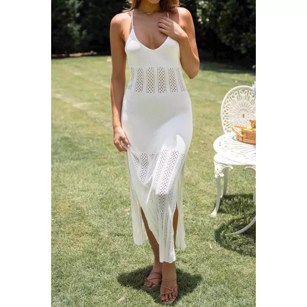 imageZESICA Womens Summer V Neck Sleeveless Dress Crochet Spaghetti Strap Beach Cover up Split Bodycon Midi DressesWhite