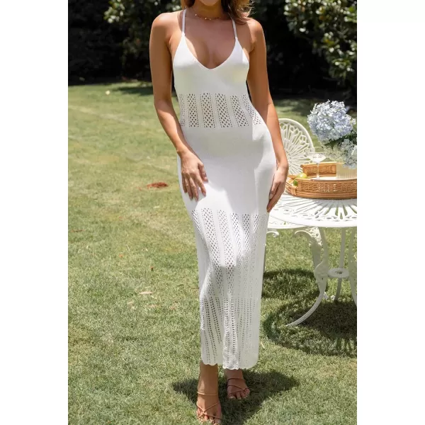 imageZESICA Womens Summer V Neck Sleeveless Dress Crochet Spaghetti Strap Beach Cover up Split Bodycon Midi DressesWhite