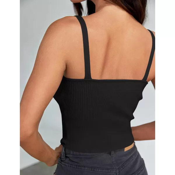 imageZESICA Womens Summer V Neck Tank Top 2024 Sleeveless Spaghetti Strap Cami Shirts Ribbed Knit Basic Crop TopsBlack