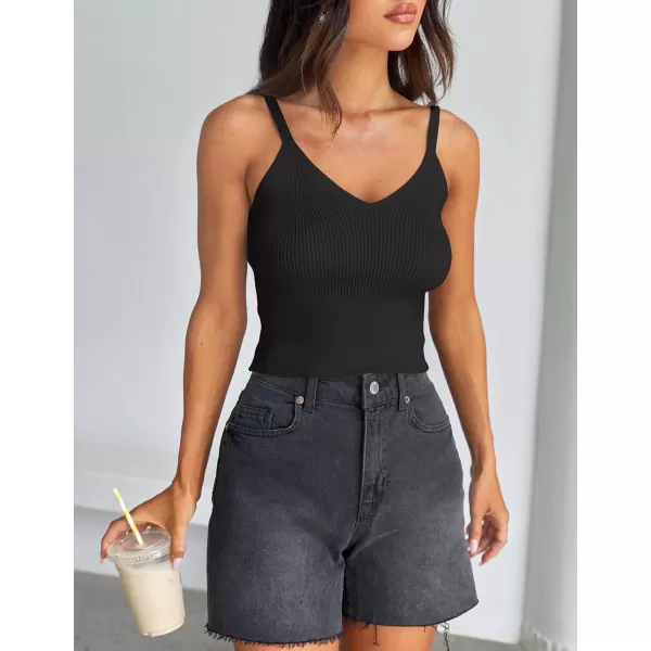 imageZESICA Womens Summer V Neck Tank Top 2024 Sleeveless Spaghetti Strap Cami Shirts Ribbed Knit Basic Crop TopsBlack
