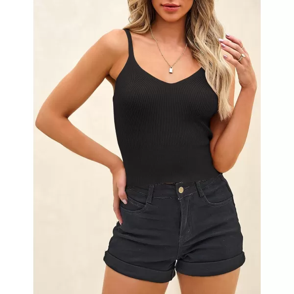 imageZESICA Womens Summer V Neck Tank Top 2024 Sleeveless Spaghetti Strap Cami Shirts Ribbed Knit Basic Crop TopsBlack