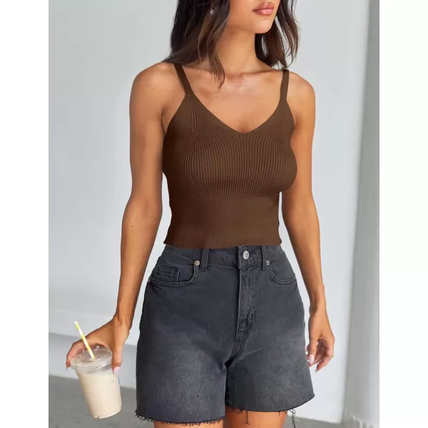 imageZESICA Womens Summer V Neck Tank Top 2024 Sleeveless Spaghetti Strap Cami Shirts Ribbed Knit Basic Crop TopsCoffee