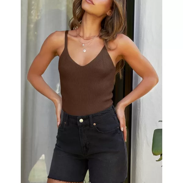 imageZESICA Womens Summer V Neck Tank Top 2024 Sleeveless Spaghetti Strap Cami Shirts Ribbed Knit Basic Crop TopsCoffee