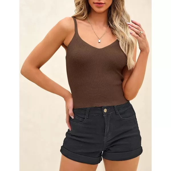 imageZESICA Womens Summer V Neck Tank Top 2024 Sleeveless Spaghetti Strap Cami Shirts Ribbed Knit Basic Crop TopsCoffee