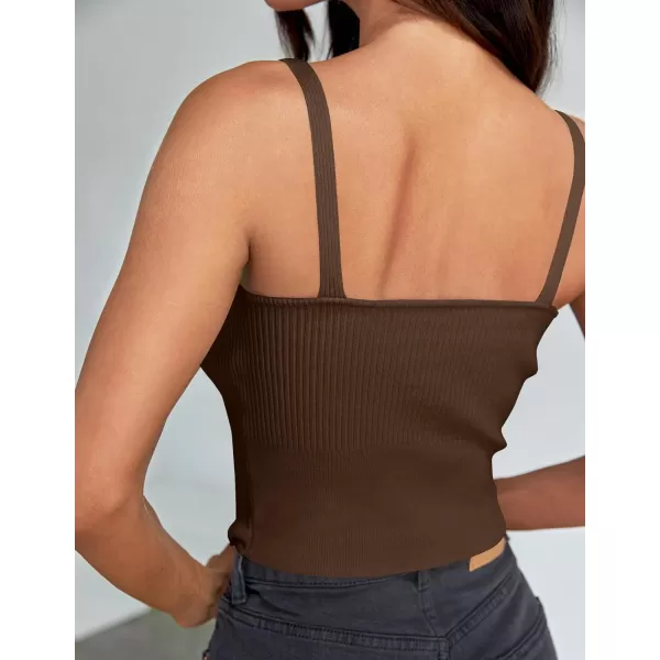 imageZESICA Womens Summer V Neck Tank Top 2024 Sleeveless Spaghetti Strap Cami Shirts Ribbed Knit Basic Crop TopsCoffee