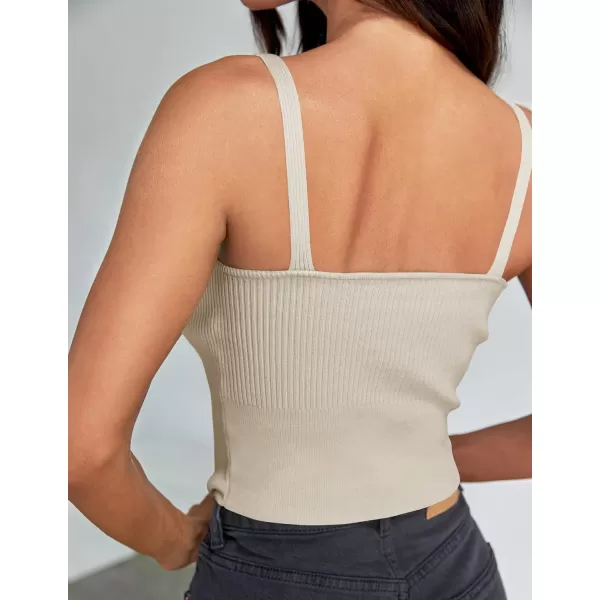 imageZESICA Womens Summer V Neck Tank Top 2024 Sleeveless Spaghetti Strap Cami Shirts Ribbed Knit Basic Crop TopsSand