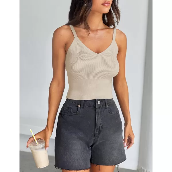 imageZESICA Womens Summer V Neck Tank Top 2024 Sleeveless Spaghetti Strap Cami Shirts Ribbed Knit Basic Crop TopsSand