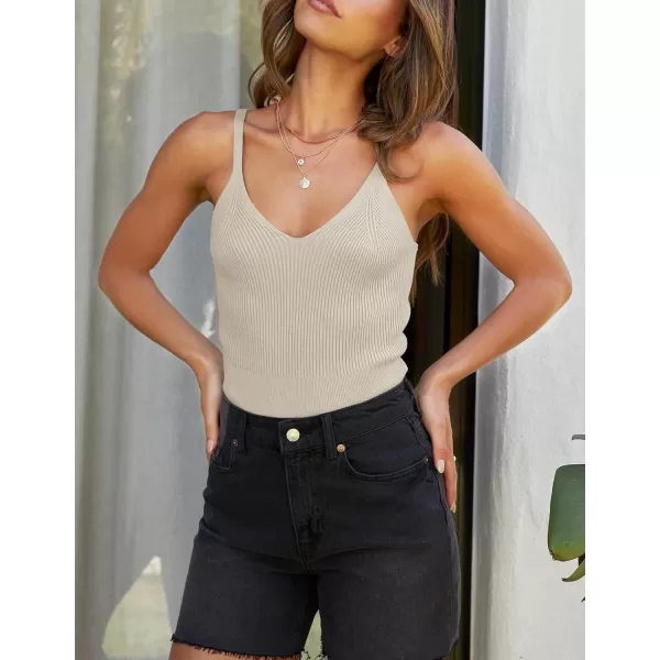 imageZESICA Womens Summer V Neck Tank Top 2024 Sleeveless Spaghetti Strap Cami Shirts Ribbed Knit Basic Crop TopsSand