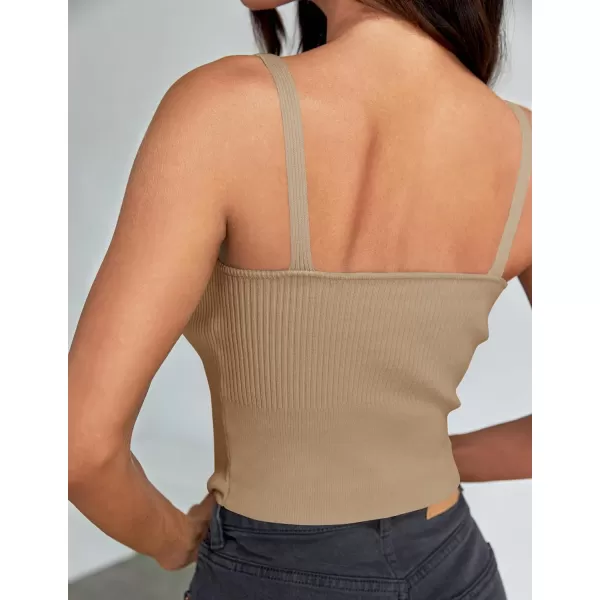 imageZESICA Womens Summer V Neck Tank Top 2024 Sleeveless Spaghetti Strap Cami Shirts Ribbed Knit Basic Crop TopsToffee