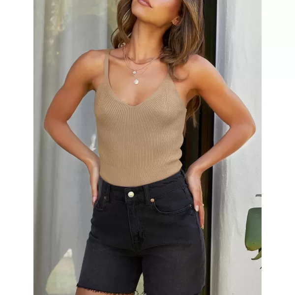 imageZESICA Womens Summer V Neck Tank Top 2024 Sleeveless Spaghetti Strap Cami Shirts Ribbed Knit Basic Crop TopsToffee