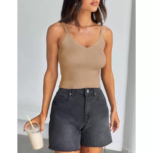 imageZESICA Womens Summer V Neck Tank Top 2024 Sleeveless Spaghetti Strap Cami Shirts Ribbed Knit Basic Crop TopsToffee