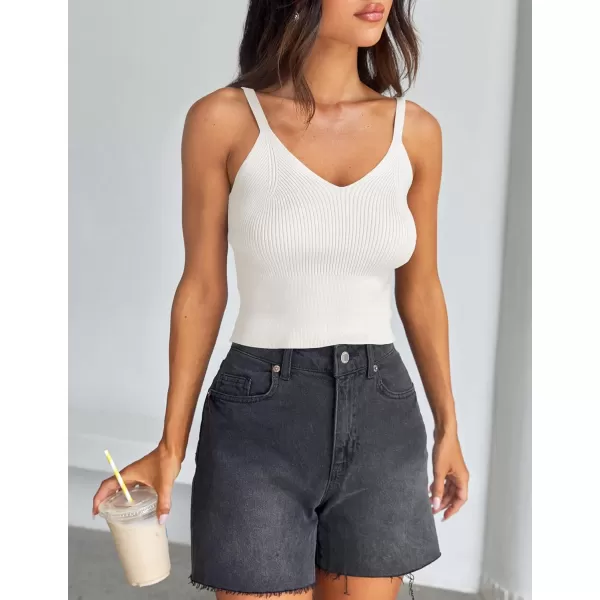 imageZESICA Womens Summer V Neck Tank Top 2024 Sleeveless Spaghetti Strap Cami Shirts Ribbed Knit Basic Crop TopsWhite