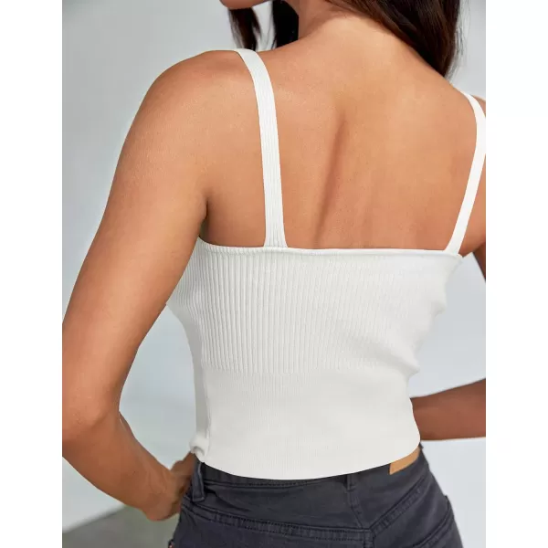 imageZESICA Womens Summer V Neck Tank Top 2024 Sleeveless Spaghetti Strap Cami Shirts Ribbed Knit Basic Crop TopsWhite