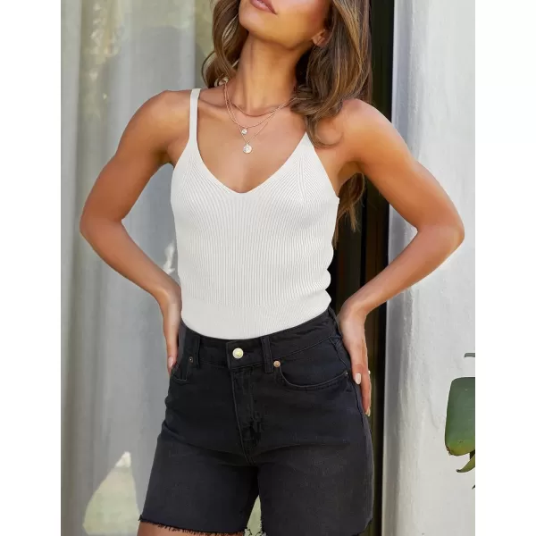 imageZESICA Womens Summer V Neck Tank Top 2024 Sleeveless Spaghetti Strap Cami Shirts Ribbed Knit Basic Crop TopsWhite