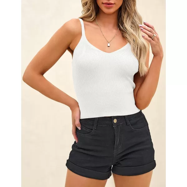 imageZESICA Womens Summer V Neck Tank Top 2024 Sleeveless Spaghetti Strap Cami Shirts Ribbed Knit Basic Crop TopsWhite