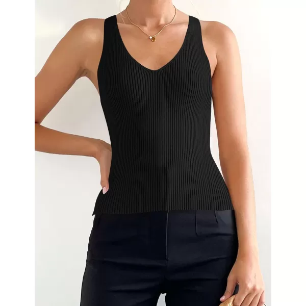 imageZESICA Womens Tank Tops 2023 Sexy Sleeveless V Neck Ribbed Knit Slim Fitted Basic Tees ShirtsBlack