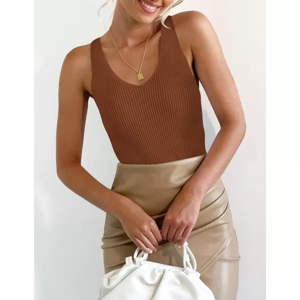 imageZESICA Womens Tank Tops 2023 Sexy Sleeveless V Neck Ribbed Knit Slim Fitted Basic Tees ShirtsCaramel