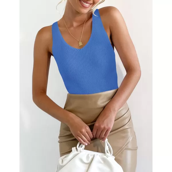 imageZESICA Womens Tank Tops 2023 Sexy Sleeveless V Neck Ribbed Knit Slim Fitted Basic Tees ShirtsCobalt