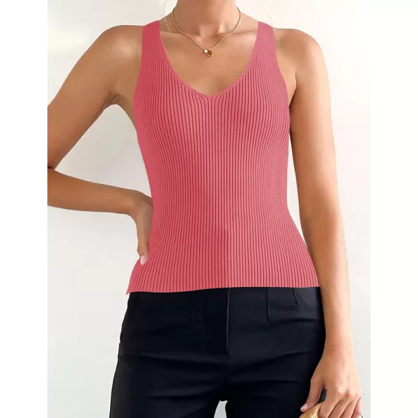 imageZESICA Womens Tank Tops 2023 Sexy Sleeveless V Neck Ribbed Knit Slim Fitted Basic Tees ShirtsCoral