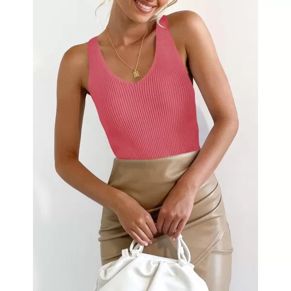 imageZESICA Womens Tank Tops 2023 Sexy Sleeveless V Neck Ribbed Knit Slim Fitted Basic Tees ShirtsCoral