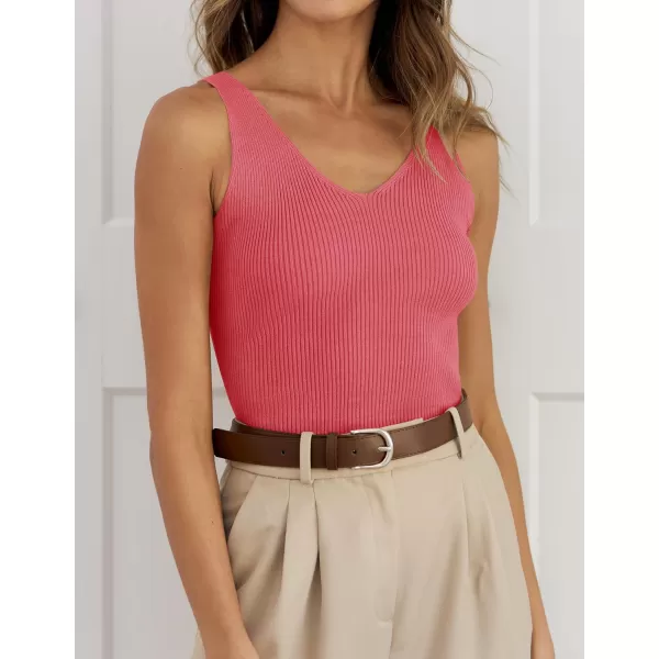 imageZESICA Womens Tank Tops 2023 Sexy Sleeveless V Neck Ribbed Knit Slim Fitted Basic Tees ShirtsCoral