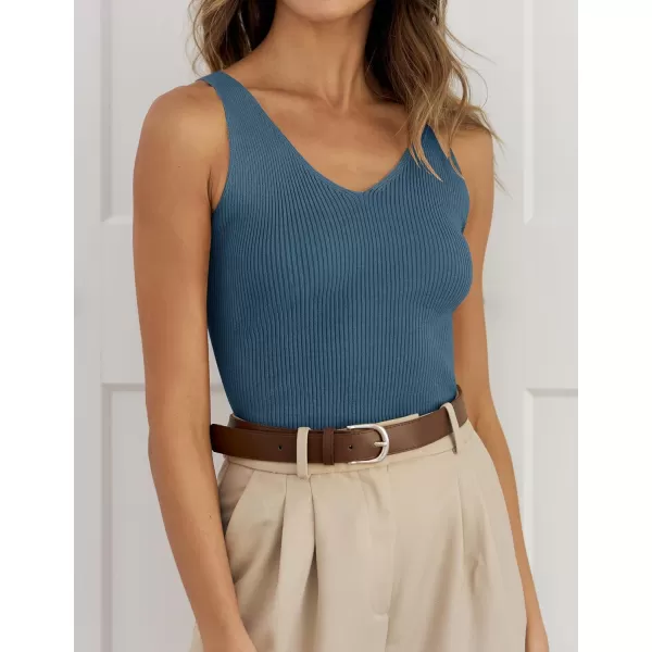 imageZESICA Womens Tank Tops 2023 Sexy Sleeveless V Neck Ribbed Knit Slim Fitted Basic Tees ShirtsDarkblue