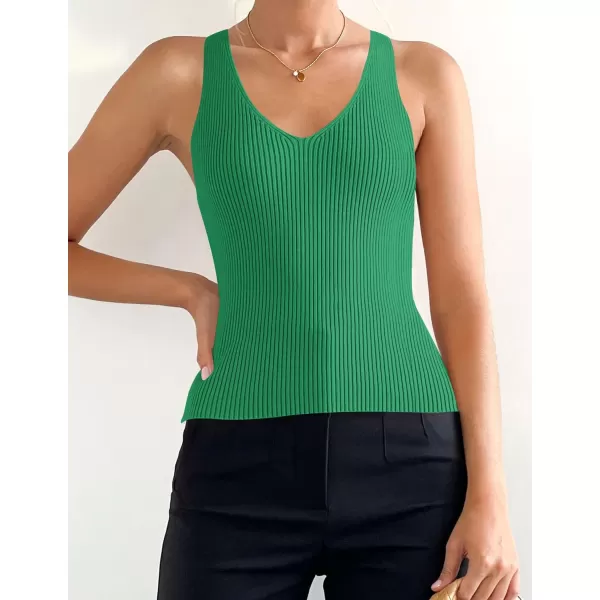 imageZESICA Womens Tank Tops 2023 Sexy Sleeveless V Neck Ribbed Knit Slim Fitted Basic Tees ShirtsGreen