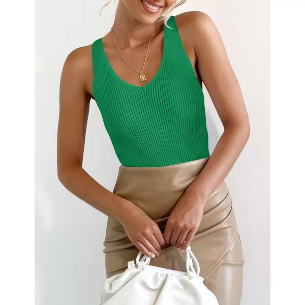 imageZESICA Womens Tank Tops 2023 Sexy Sleeveless V Neck Ribbed Knit Slim Fitted Basic Tees ShirtsGreen