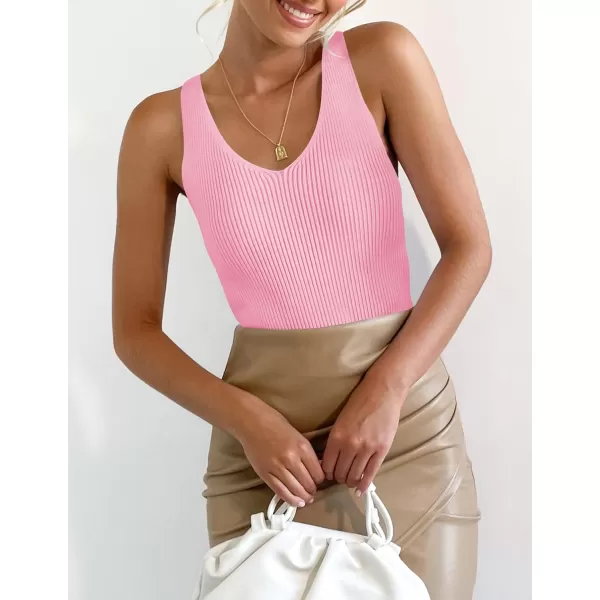 imageZESICA Womens Tank Tops 2023 Sexy Sleeveless V Neck Ribbed Knit Slim Fitted Basic Tees ShirtsHotpink