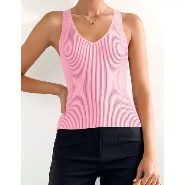 imageZESICA Womens Tank Tops 2023 Sexy Sleeveless V Neck Ribbed Knit Slim Fitted Basic Tees ShirtsHotpink