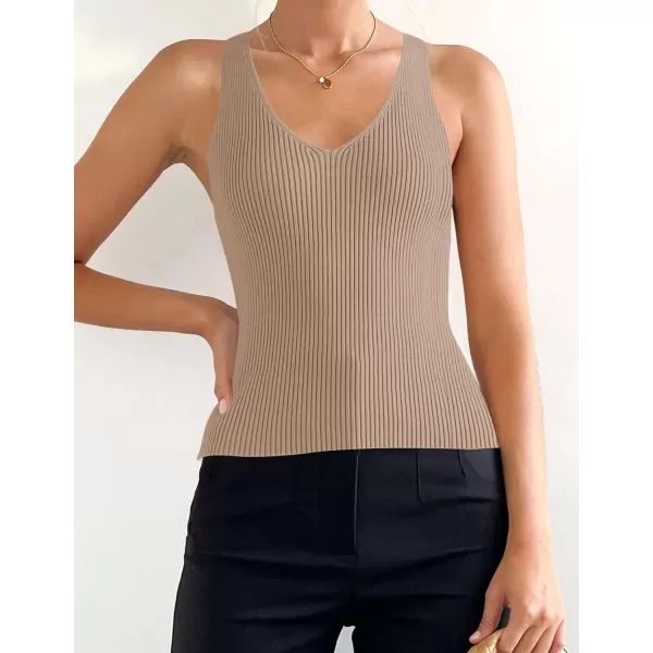 imageZESICA Womens Tank Tops 2023 Sexy Sleeveless V Neck Ribbed Knit Slim Fitted Basic Tees ShirtsKhaki