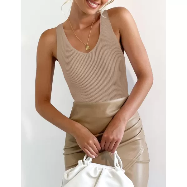 imageZESICA Womens Tank Tops 2023 Sexy Sleeveless V Neck Ribbed Knit Slim Fitted Basic Tees ShirtsKhaki