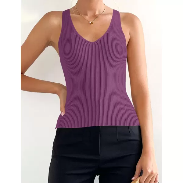 imageZESICA Womens Tank Tops 2023 Sexy Sleeveless V Neck Ribbed Knit Slim Fitted Basic Tees ShirtsPurple