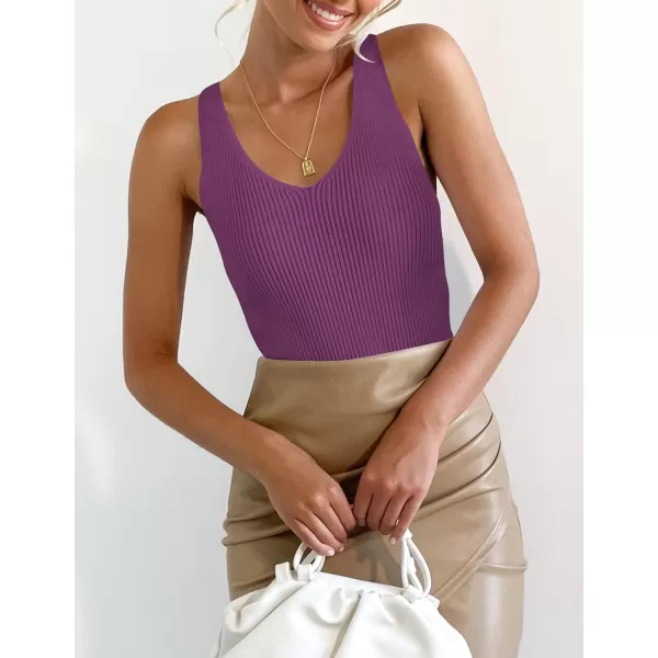 imageZESICA Womens Tank Tops 2023 Sexy Sleeveless V Neck Ribbed Knit Slim Fitted Basic Tees ShirtsPurple