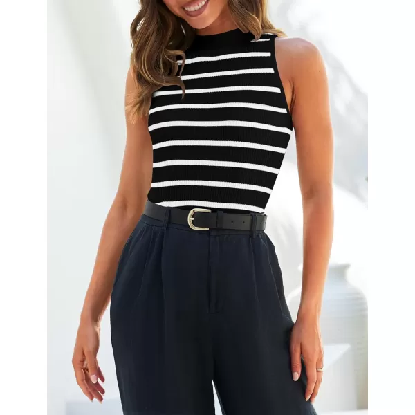 imageZESICA Womens Tank Tops Summer Sleeveless Ribbed High Neck Slim Fitted Striped Basic Casual ShirtsBlack