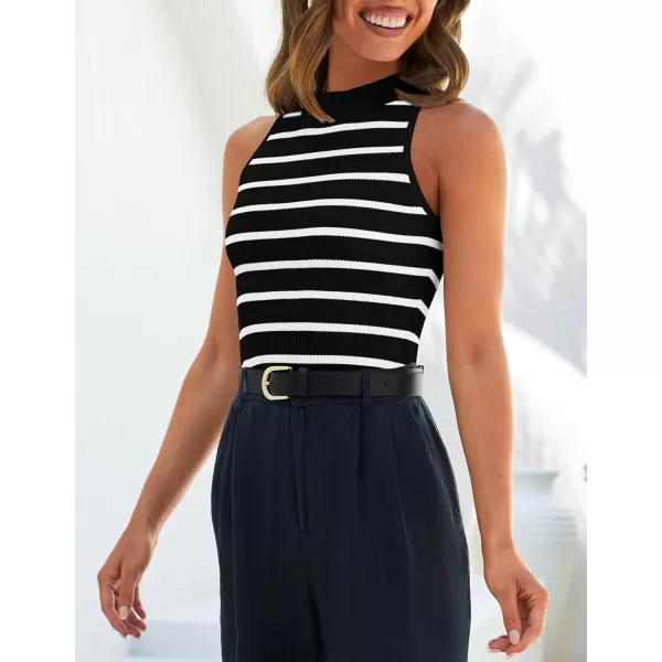 imageZESICA Womens Tank Tops Summer Sleeveless Ribbed High Neck Slim Fitted Striped Basic Casual ShirtsBlack