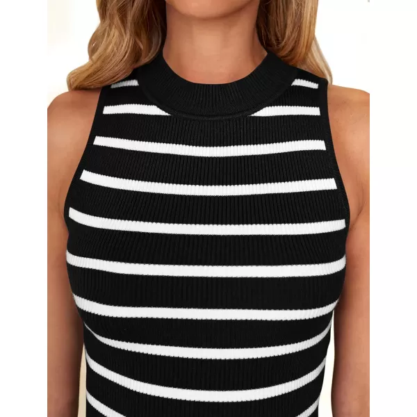 imageZESICA Womens Tank Tops Summer Sleeveless Ribbed High Neck Slim Fitted Striped Basic Casual ShirtsBlack