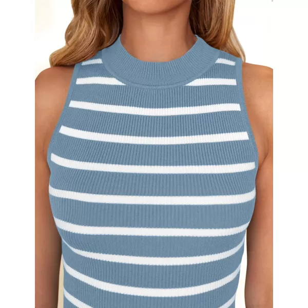 imageZESICA Womens Tank Tops Summer Sleeveless Ribbed High Neck Slim Fitted Striped Basic Casual ShirtsBlue