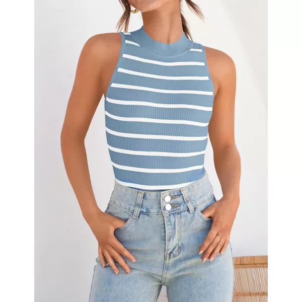 imageZESICA Womens Tank Tops Summer Sleeveless Ribbed High Neck Slim Fitted Striped Basic Casual ShirtsBlue