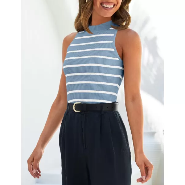 imageZESICA Womens Tank Tops Summer Sleeveless Ribbed High Neck Slim Fitted Striped Basic Casual ShirtsBlue
