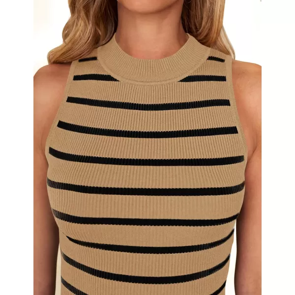 imageZESICA Womens Tank Tops Summer Sleeveless Ribbed High Neck Slim Fitted Striped Basic Casual ShirtsToffee
