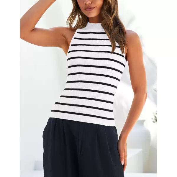 imageZESICA Womens Tank Tops Summer Sleeveless Ribbed High Neck Slim Fitted Striped Basic Casual ShirtsWhite