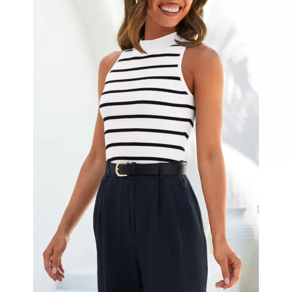 imageZESICA Womens Tank Tops Summer Sleeveless Ribbed High Neck Slim Fitted Striped Basic Casual ShirtsWhite